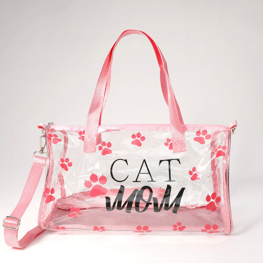 CAT MOM Message Paw Pattern Printed Transparent Boston Bag / Crossbody Bag