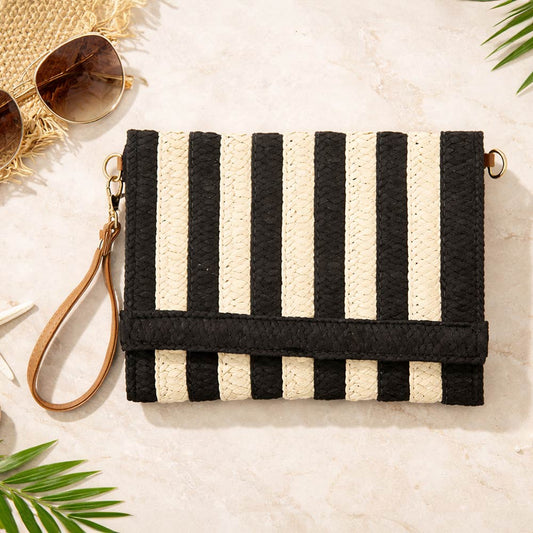 Striped Woven Foldover Wristlet Clutch Crossbody Bag