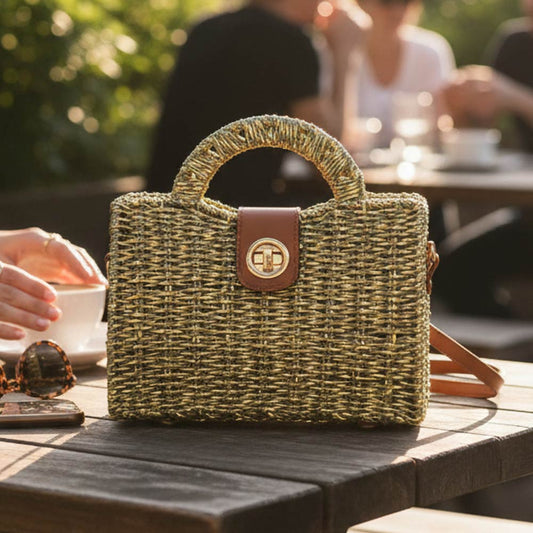 Structured Top Handle Woven Mini Satchel Crossbody Bag