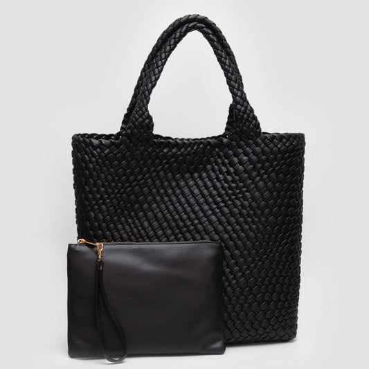 Faux Leather Braided Top Handle Tote Bag with Pouch