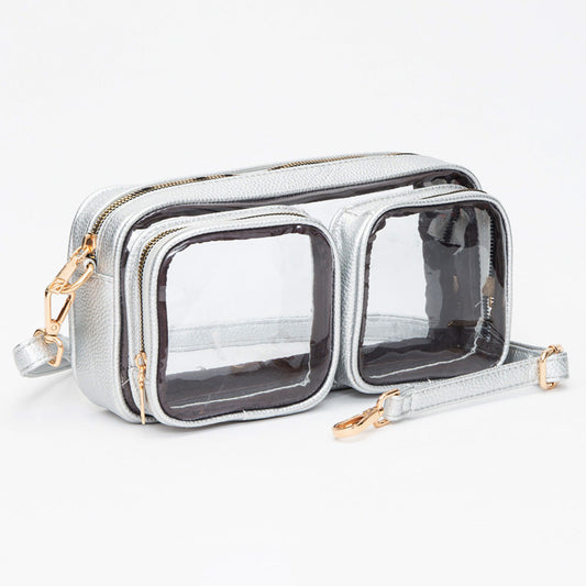 Dual Front Pocket Faux Leather Transparent Crossbody Bag