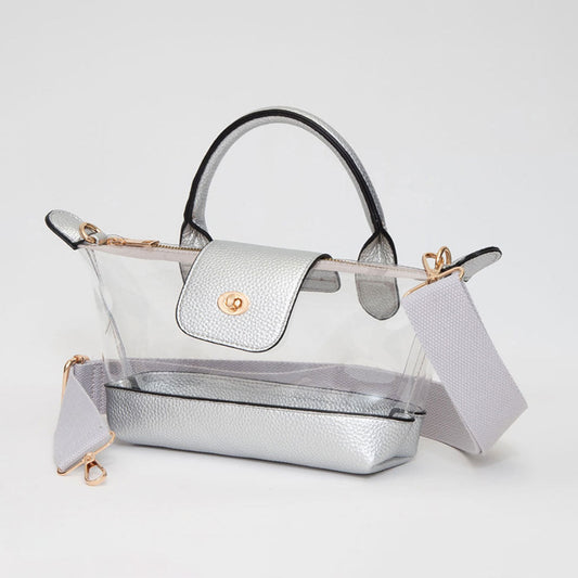 Faux Leather Compact Transparent Top Handle Crossbody Bag