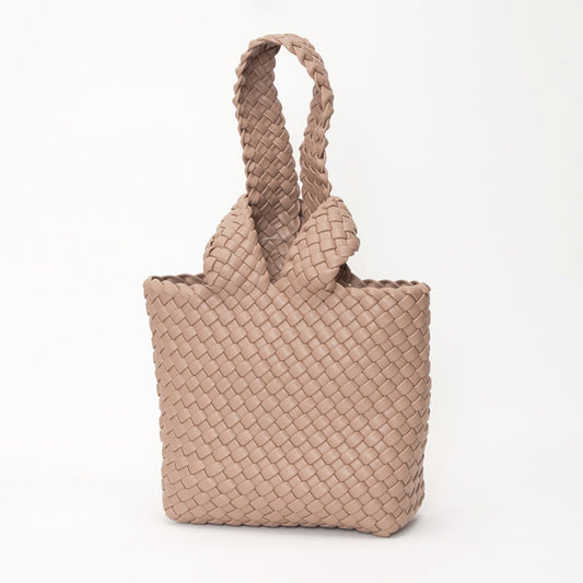 Faux Leather Basket Weave Knotted Handle Handbag