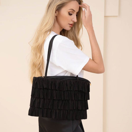 Layered Ruffle Front Fabric Shoulder Tote Bag