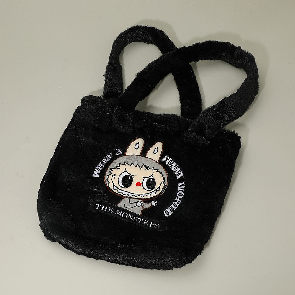 Monster Bunny Character Embroidered Faux Fur Plush Tote Bag