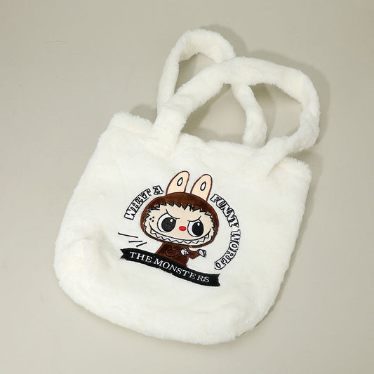 Monster Bunny Character Embroidered Faux Fur Plush Tote Bag