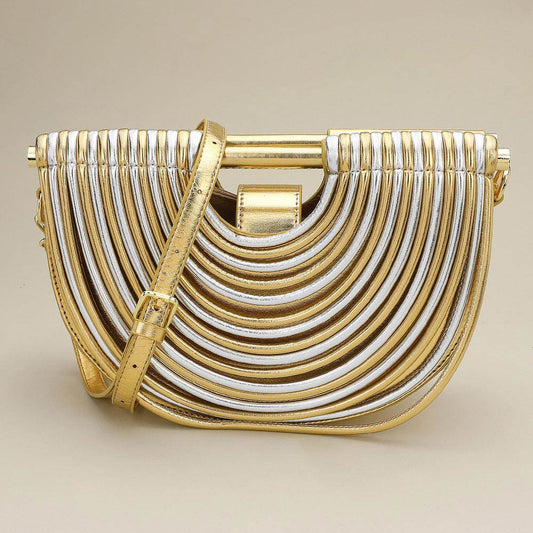 Faux Leather Unique Half Moon Structured Handbag Crossbody Bag