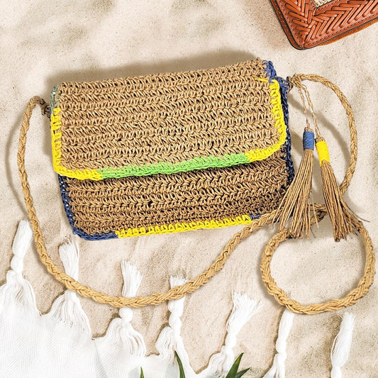 Double Tassel Pointed Color Block Straw Crossbody Bag