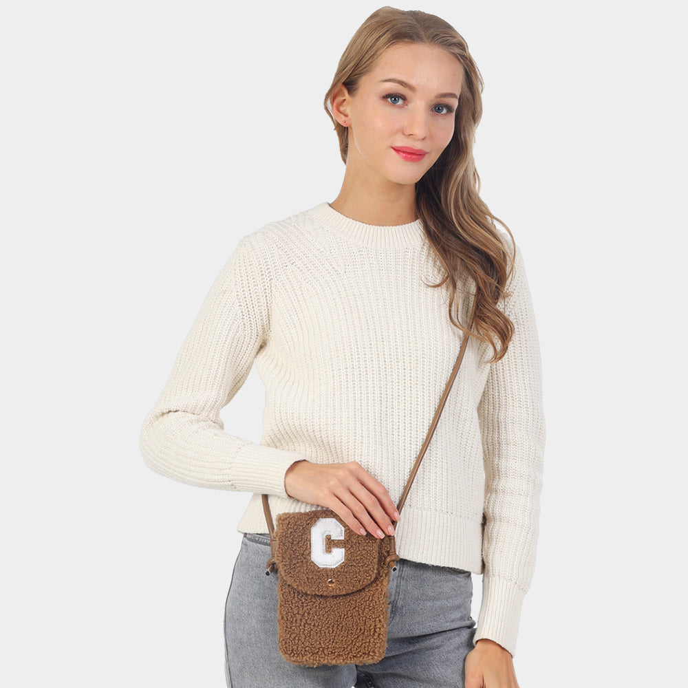 C Initial Monogram Sherpa Crossbody Cellphone Bag