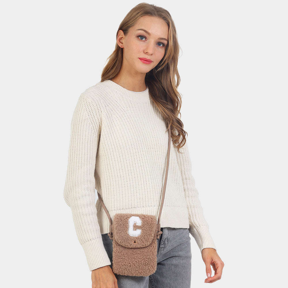 C Initial Monogram Sherpa Crossbody Cellphone Bag
