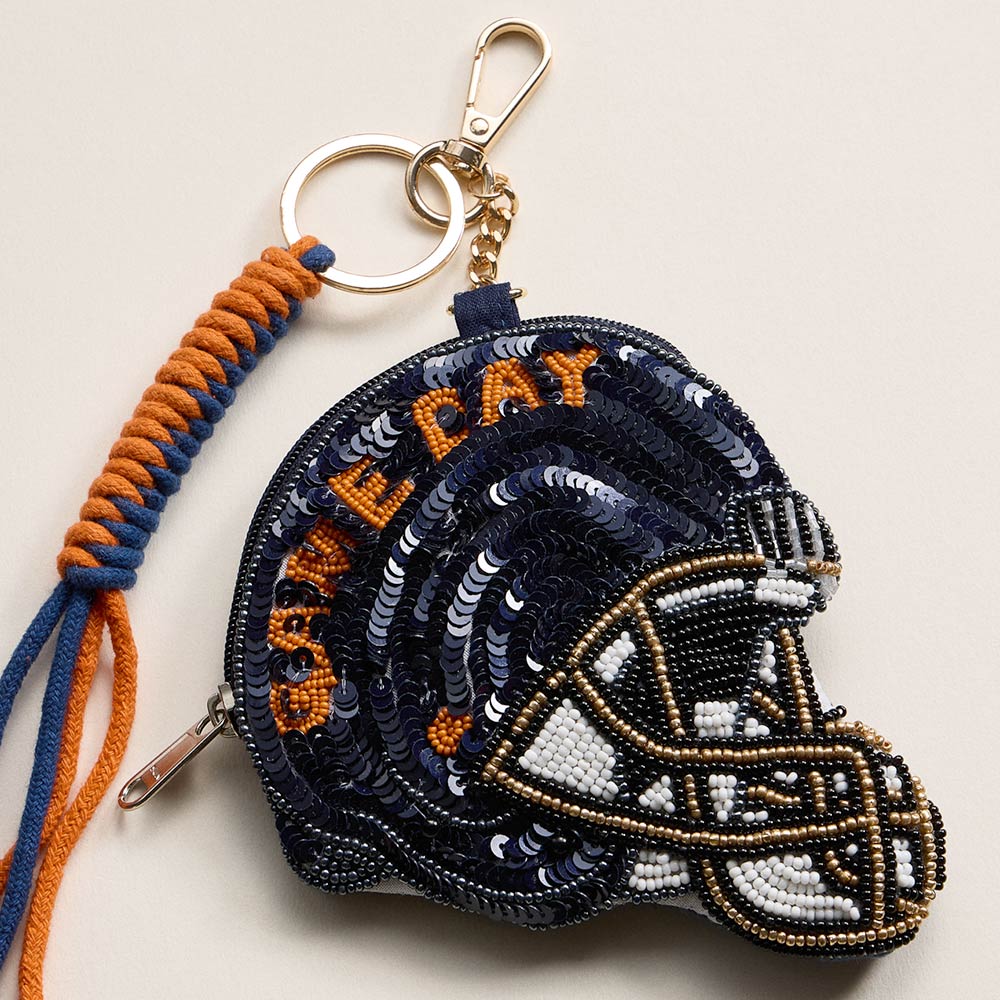 AUBURN GAME DAY Football Helmet Sequin Seed Beaded Knot Keychain Mini Pouch Bag