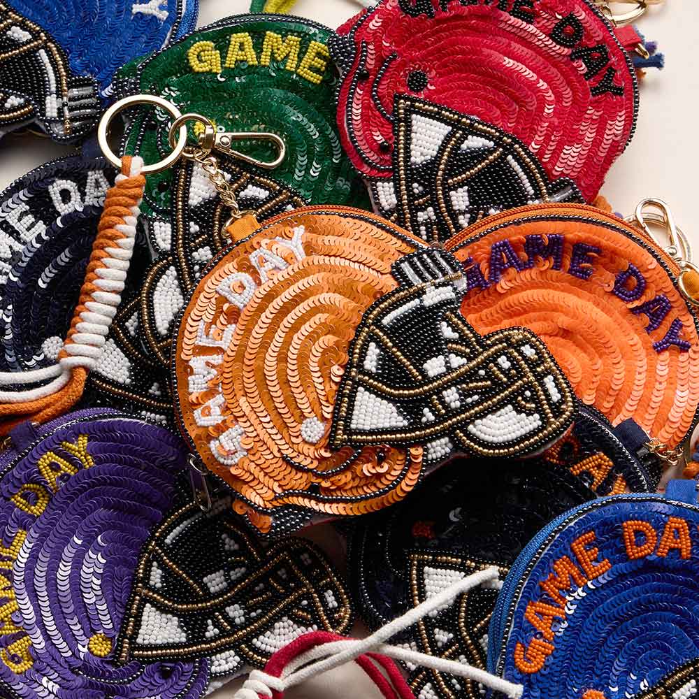 AUBURN GAME DAY Football Helmet Sequin Seed Beaded Knot Keychain Mini Pouch Bag