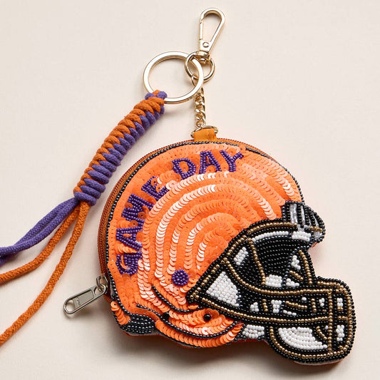 CLEMSON GAME DAY Football Helmet Sequin Seed Beaded Knot Keychain Mini Pouch Bag