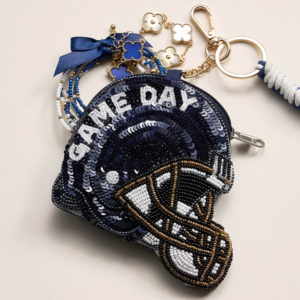 PENN STATE GAME DAY Football Helmet Sequin Seed Beaded Knot Keychain Mini Pouch Bag