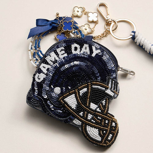 PENN STATE GAME DAY Football Helmet Sequin Seed Beaded Knot Keychain Mini Pouch Bag