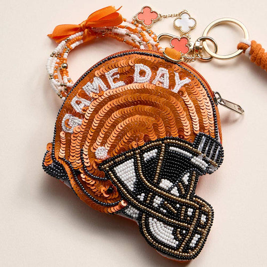 TEXANS GAME DAY Football Helmet Sequin Seed Beaded Knot Keychain Mini Pouch Bag