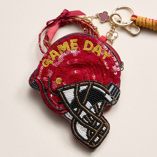 USC GAME DAY Football Helmet Sequin Seed Beaded Knot Keychain Mini Pouch Bag