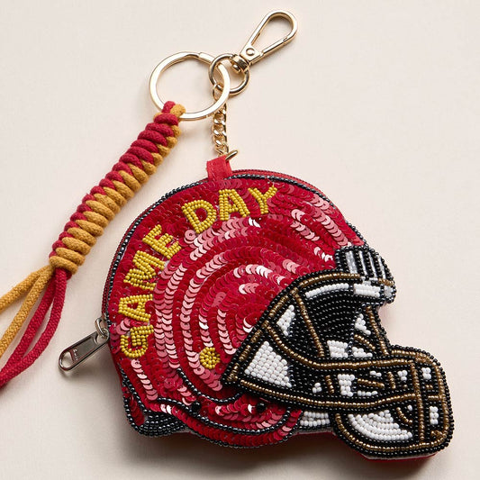 USC GAME DAY Football Helmet Sequin Seed Beaded Knot Keychain Mini Pouch Bag