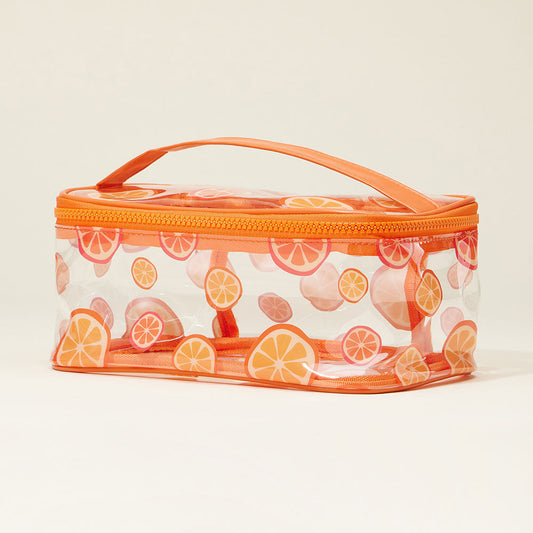 Top Handle Orange Pattern Transparent Cosmetic Pouch Bag