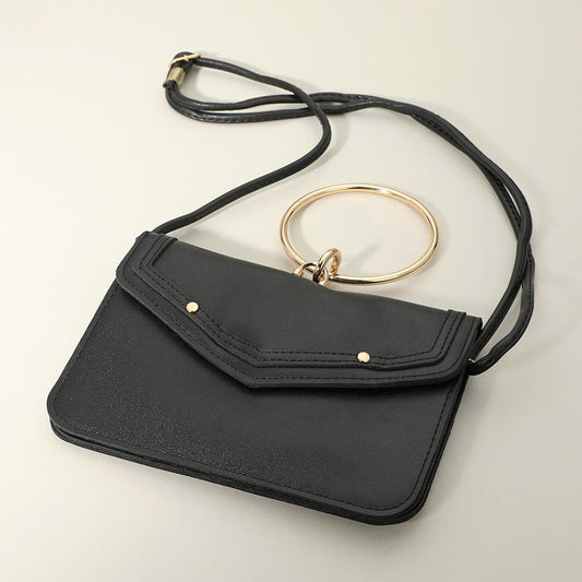 Metal Ring Handle Faux Leather Mini Envelope Clutch Bag / Crossbody Bag