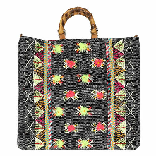 Handwoven Embroidery Boho Pattern Bamboo Handle Tote / Crossbody Bag