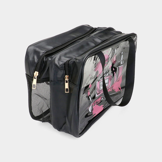 Cosmetic Printed Translucent Mesh Divided Shoulder Bag / Tote Bag
