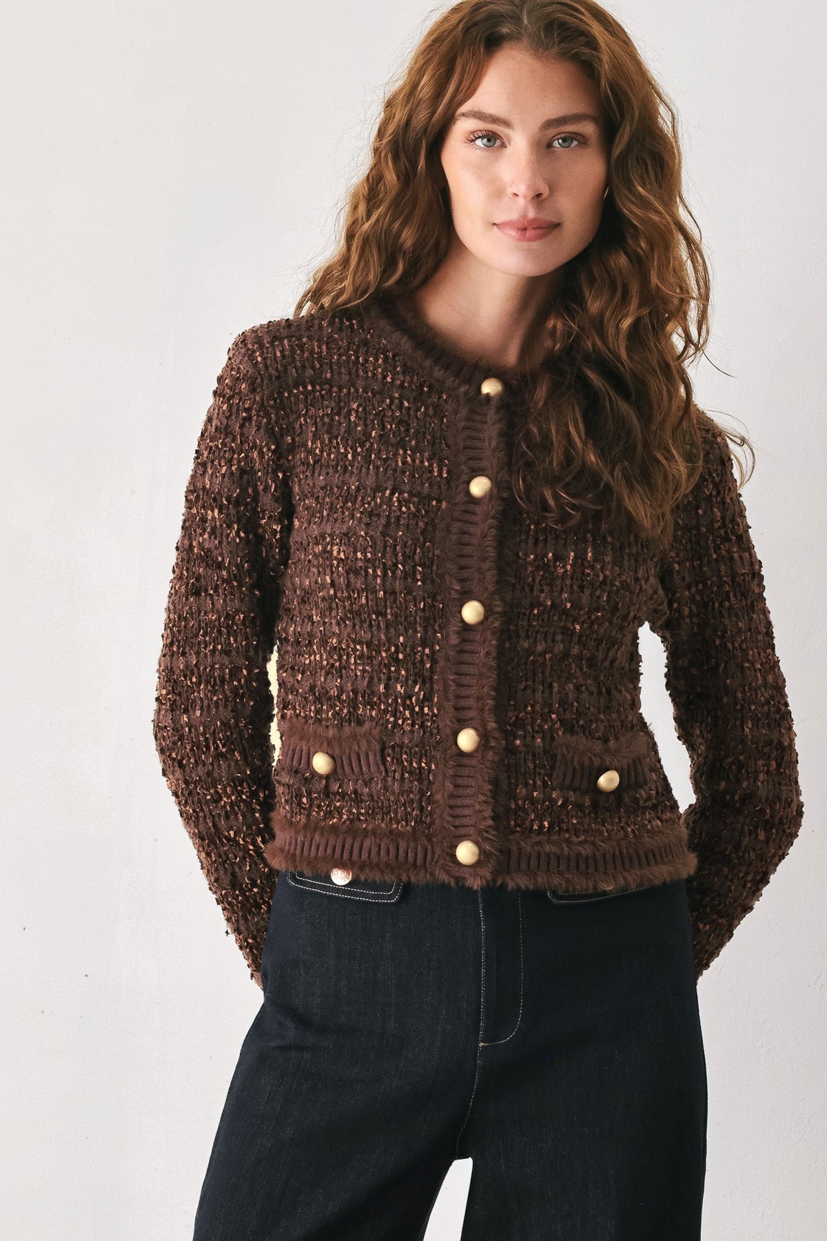 GEMSTONE GLOW BROWN JEWEL-BUTTON CROPPED CARDIGAN