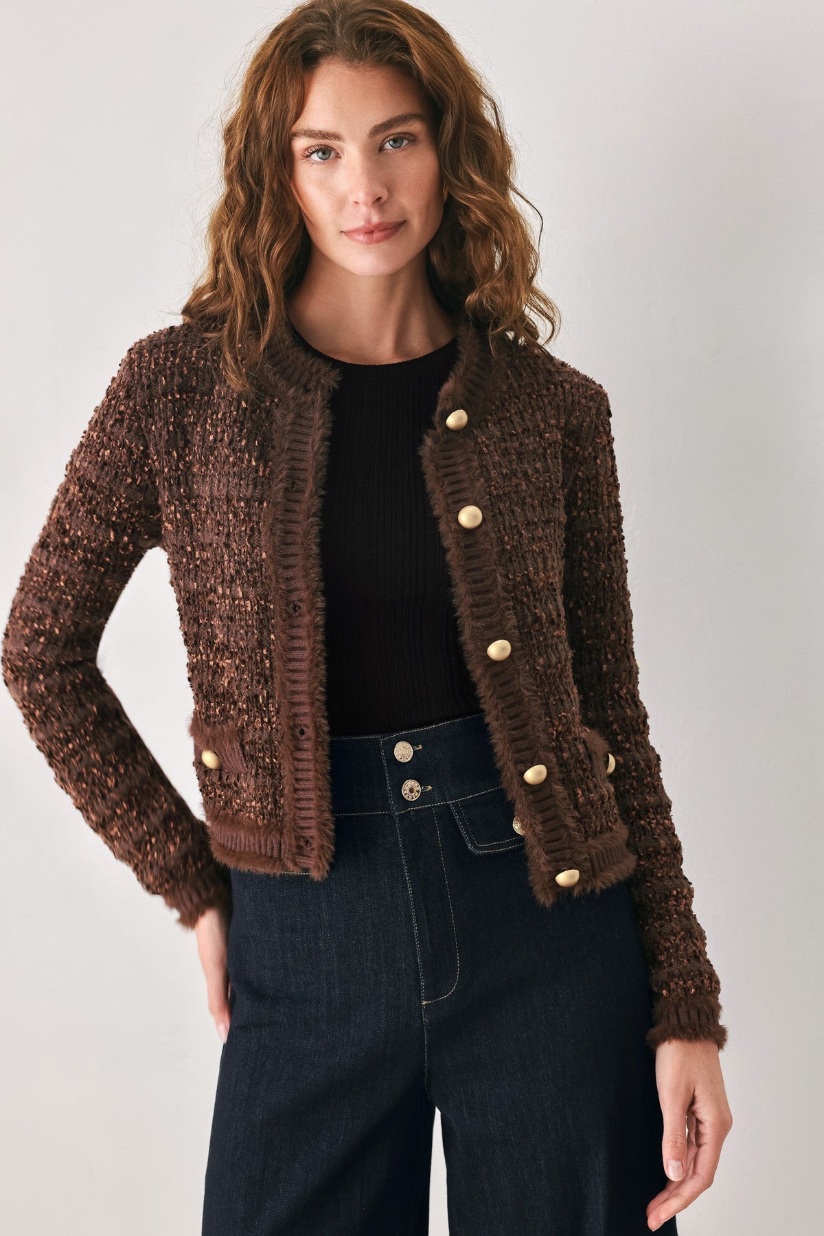 GEMSTONE GLOW BROWN JEWEL-BUTTON CROPPED CARDIGAN