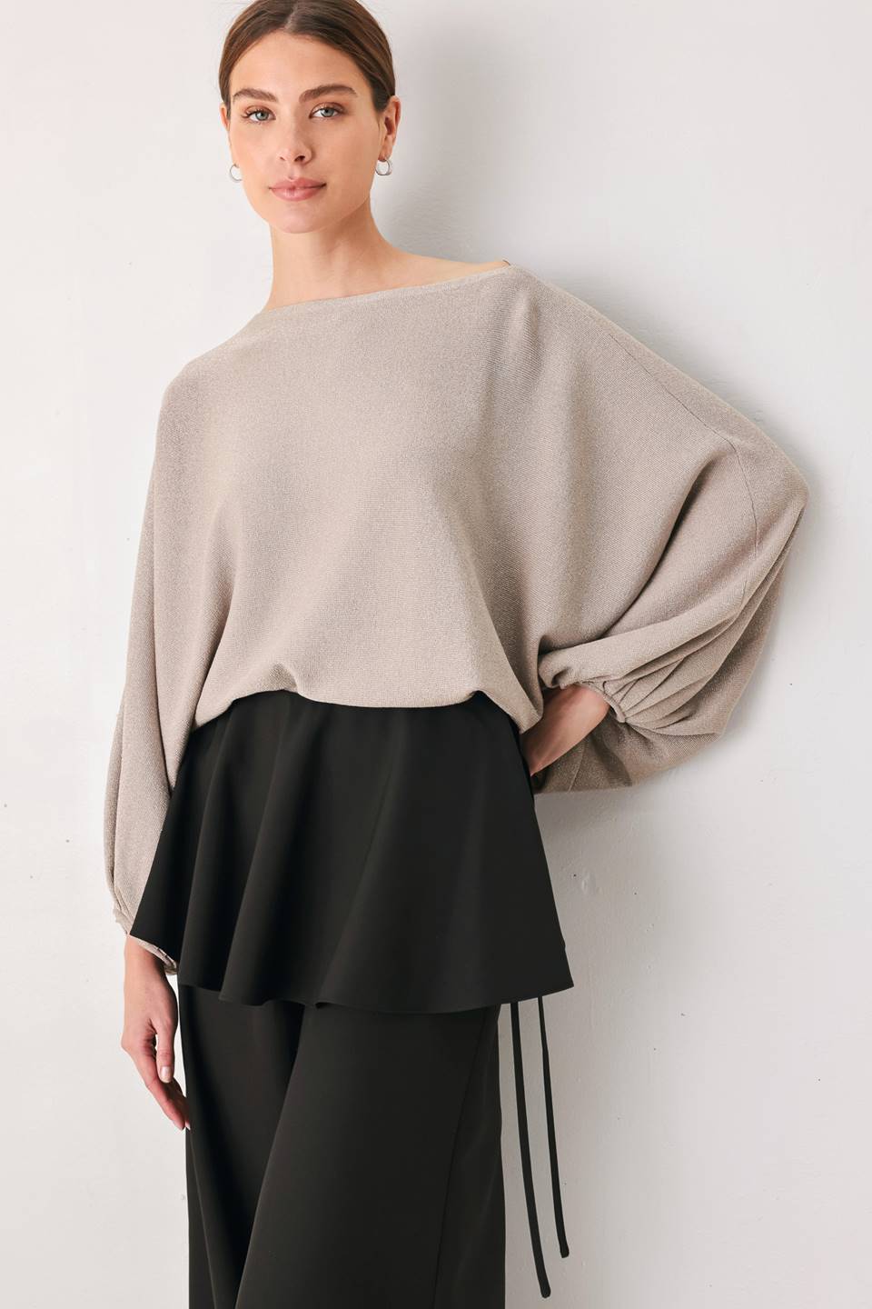 TAUPE SHIMMER METALLIC TAUPE BATWING SWEATER TOP