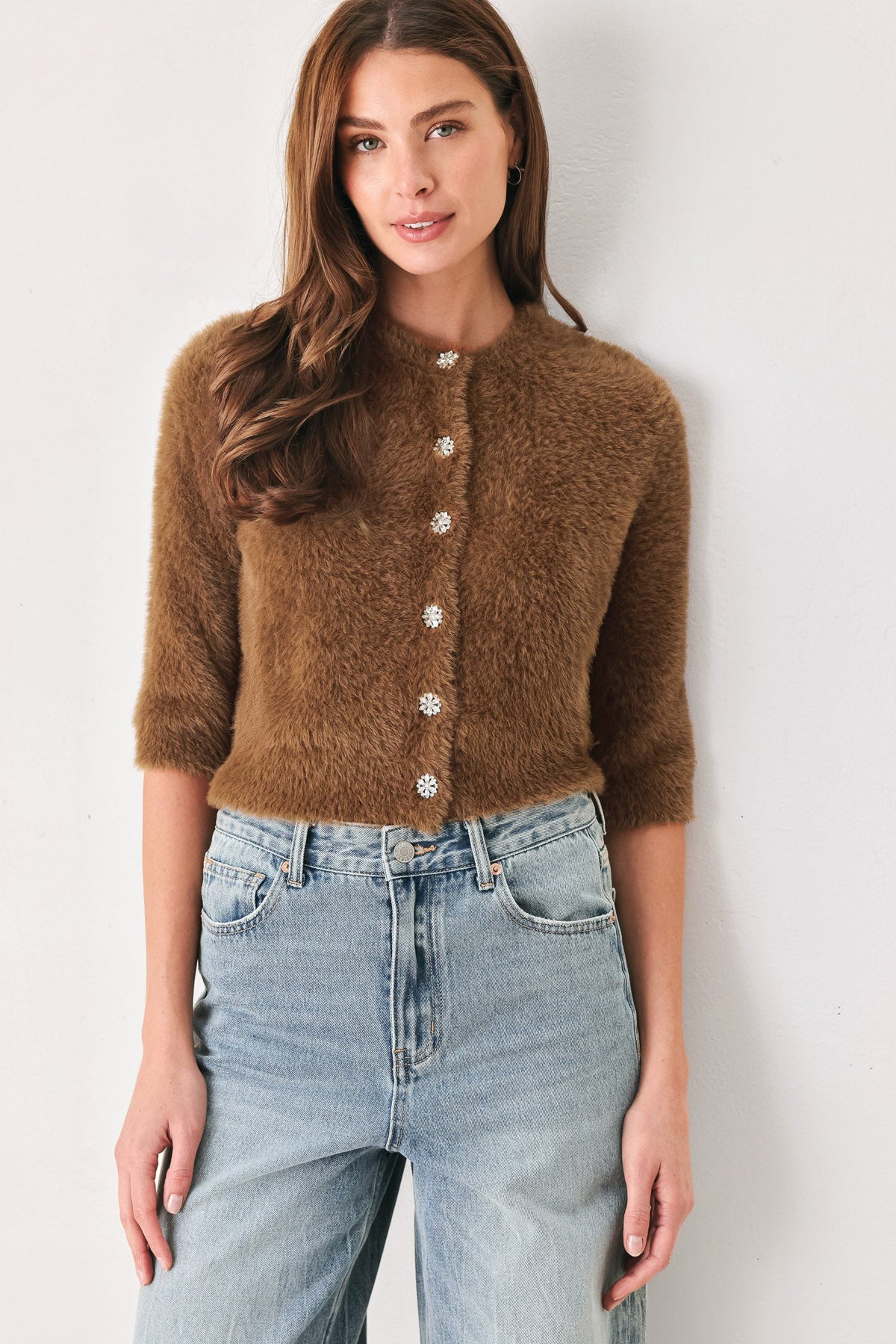 CAMEL CLASSIC CAMEL/OFF WHITE ELBOW-SLEEVE CARDIGAN