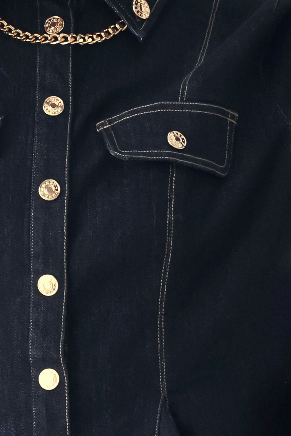 INDIGO ICON DARK INDIGO CHAIN-DETAIL PEPLUM DENIM TOP