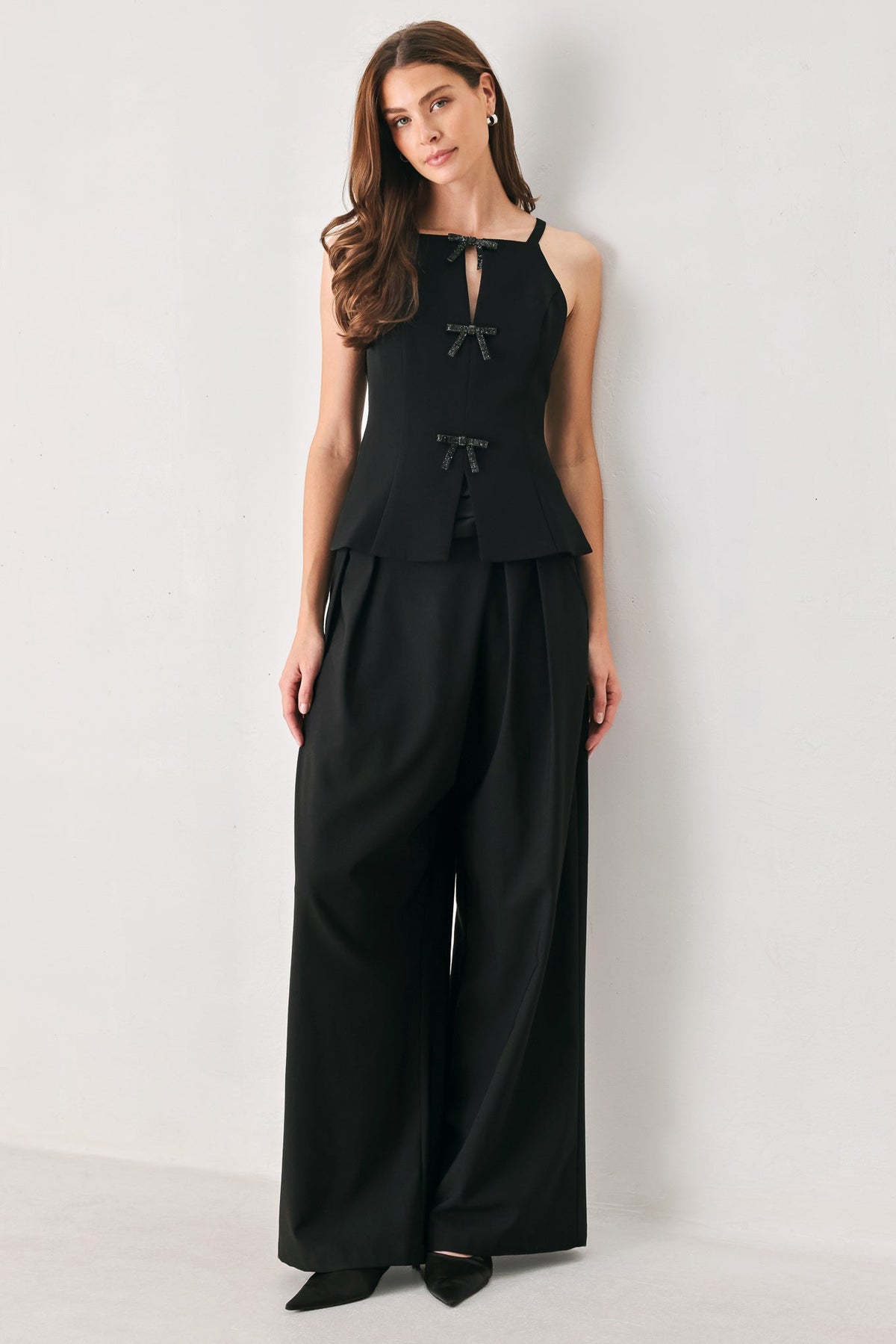 BOW NOIR BLACK RHINESTONE HALTER PEPLUM TOP