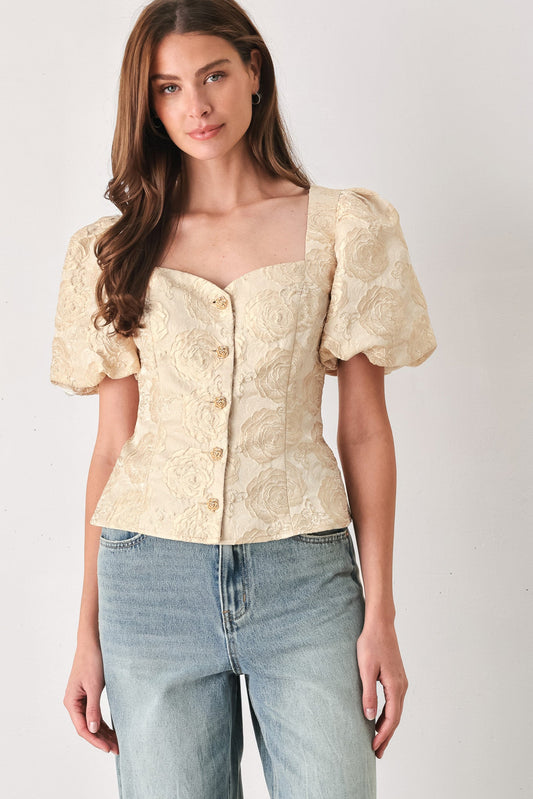 GOLDEN PORTRAIT GOLD TEXTURED PUFF-SLEEVE PEPLUM TOP