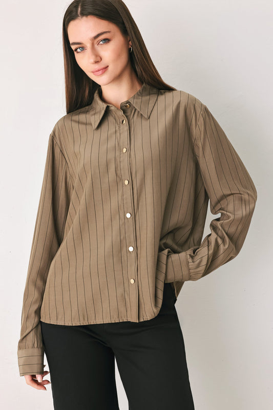 STRIPED DRAMA BROWN& BLACK BUTTON-DOWN TOP