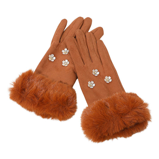 Rhinestone Flower Embellished Faux Fur Cuff Smart Touch Winter Gloves