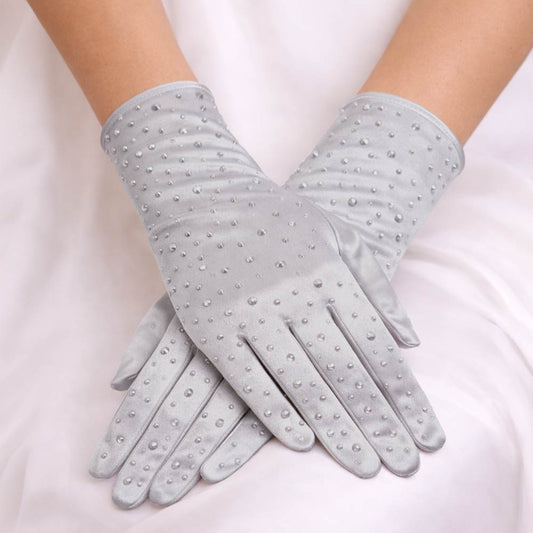 Stone Embellished Dressy Satin Wedding Gloves
