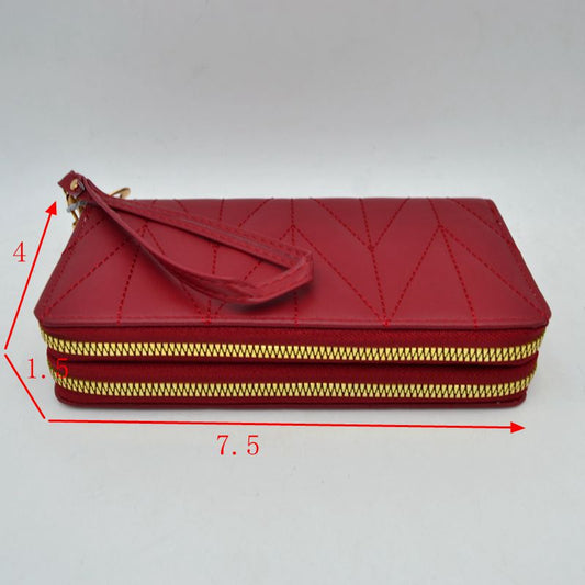 Geometric Stitched Double Zipper Wallet with Wristlet Strap