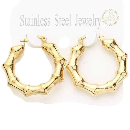 18K Gold Dipped Stainless Steel 1.5 Inch Metal Bamboo Hoop Earrings