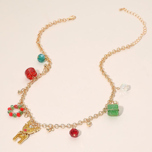 Christmas Rudolph Reindeer Wreath Pendant Festive Holiday Charm Necklace