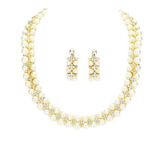 Crystal Rhinestone Pearl Cluster Bib Necklace