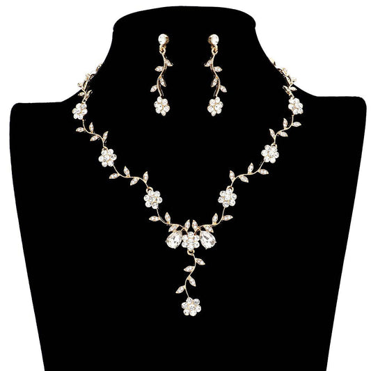 Flower Leaf Cluster Vine Rhinestone Necklace