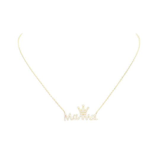 Gold Dipped CZ Crown MAMA Message Pendant Necklace