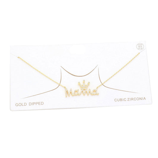 Gold Dipped CZ Crown MAMA Message Pendant Necklace