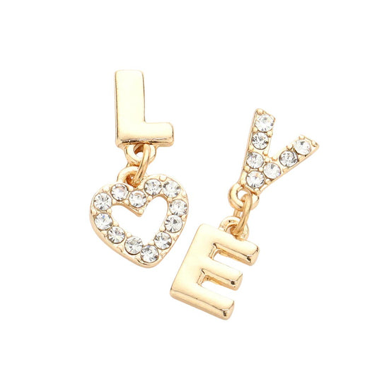 LOVE Rhinestone Message Mismatched Dangle Earrings
