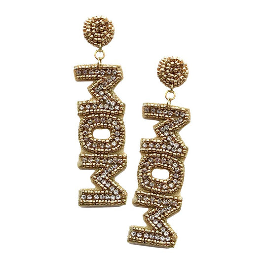 MOM Felt Back Rhinestone Beaded Message Dangle Earrings