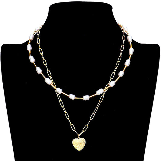 Metal Heart Pendant Freshwater Pearl Double Layered Necklace
