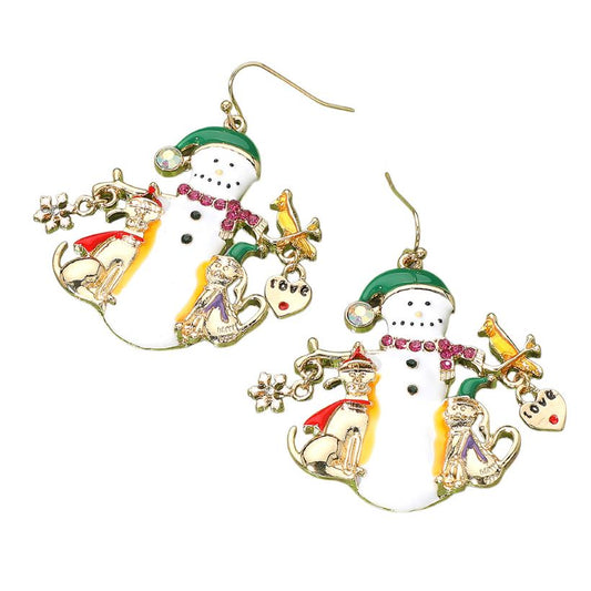 Enamel Festive Snowman Dangle Earrings