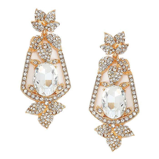 Oval Crystal Rhinestone Leaf Evening Earrings