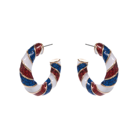 Women's Patriotic American USA Glittered Enamel Twist Hoop Earrings 4th of July