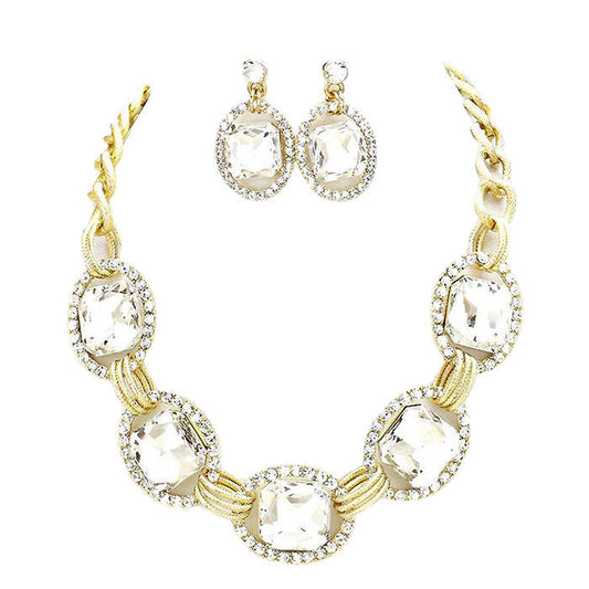 Pave Trim Glass Crystal Link Necklace